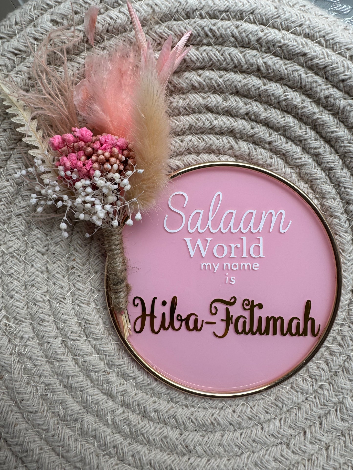 Pink floral Baby Plaque - floral 10cm round